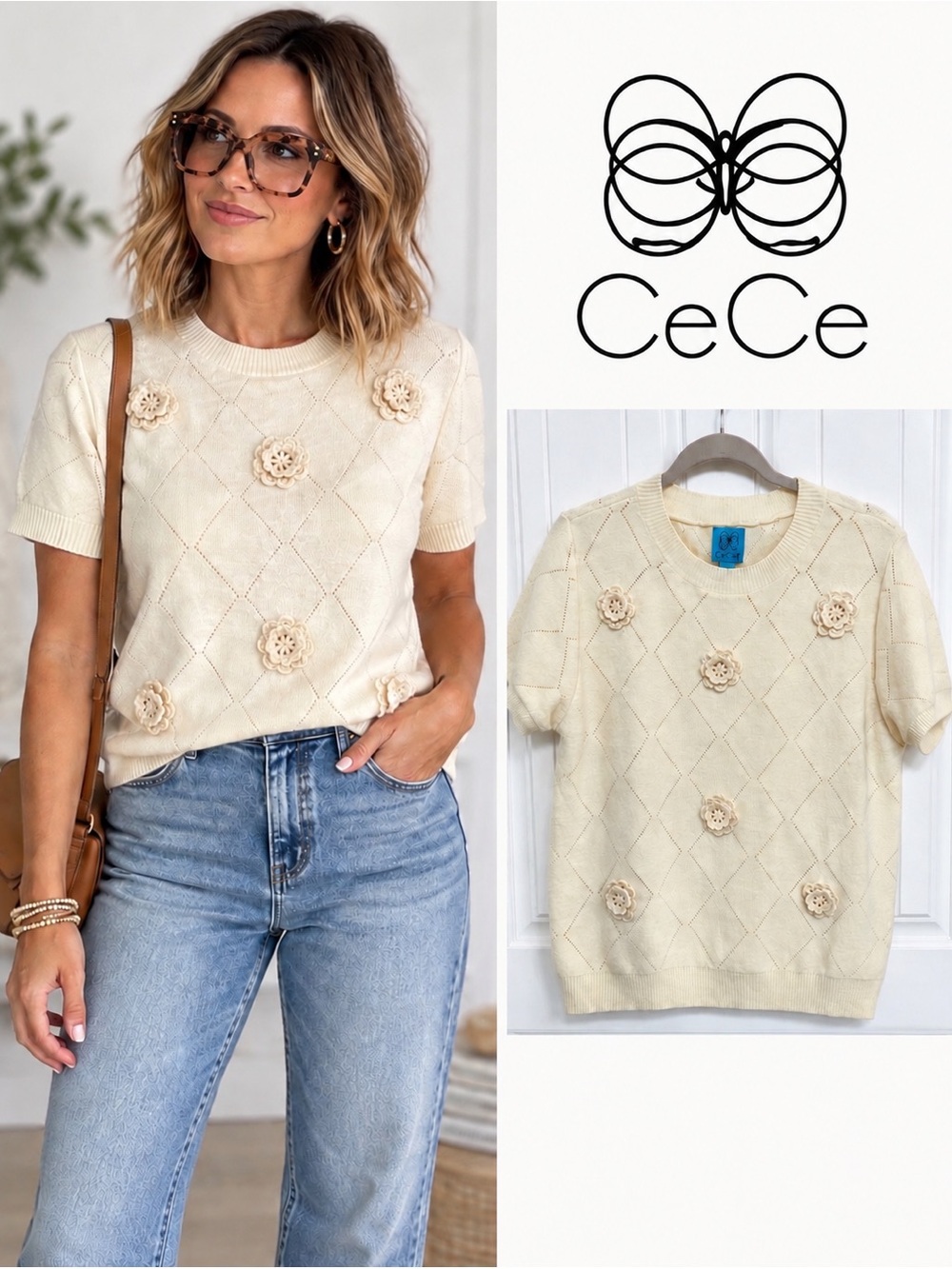 CeCe Cream Floral-Applique Short Sleeve Sweater